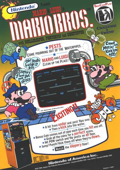 An advertisement flyer by Nintendo of America for 2 player Mario Bros on the arcade machine