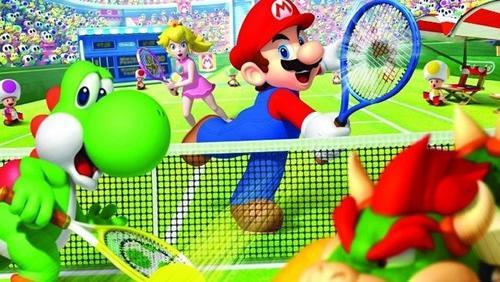 Mario hammers one home past Yoshi and Bowser in Mario Tennis Open