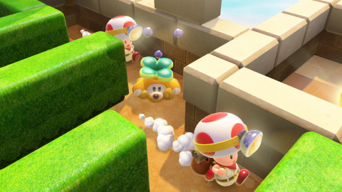Captain Toad with a double cherry running through a maze based level.