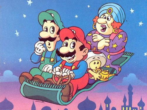 Mario, Luigi, Toad and the Grumpy genie on Mario's Magic Carpet