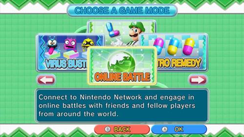 The Dr. Luigi Game Mode selection screen (Wii U) 