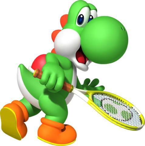 Yoshi and his egg themed racket in Mario Tennis Open