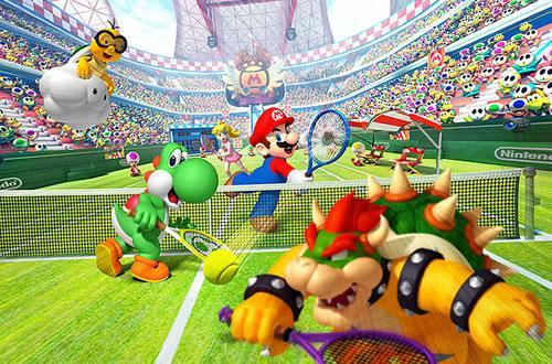 Mario fires a power shot past Bowser and Yoshi in a game of doubles