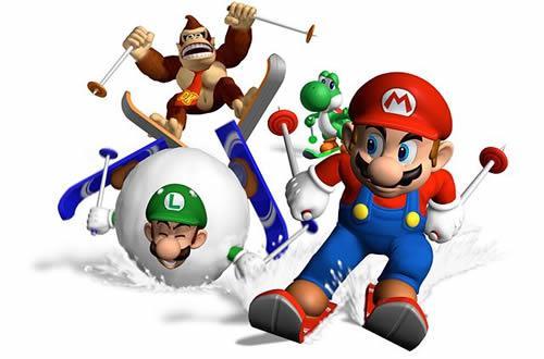 Donkey Kong, Yoshi, Mario and Luigi skiing