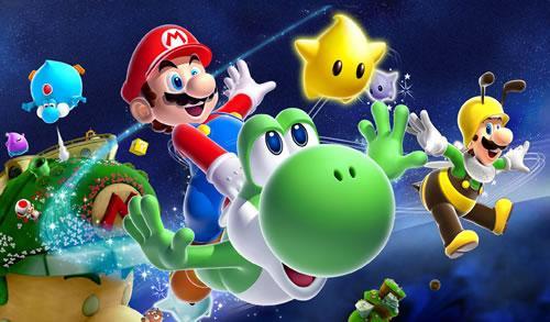 Luigi flying on Yoshi's back accompanied by Lumas and Bee-Luigi