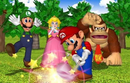Luigi, Peach and Donkey Kong watch Mario fire off a powerful shot