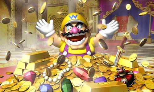 Wario going wild in a pile of treasure