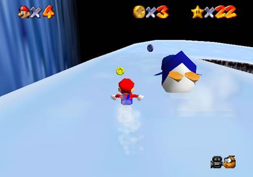 Mario races a penguin down Cool Cool mountain