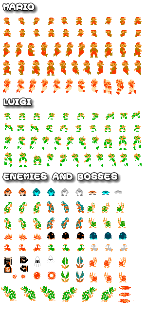 Sprites of Mario, Luigi, Bowser and enemies from Super Mario Bros on the NES