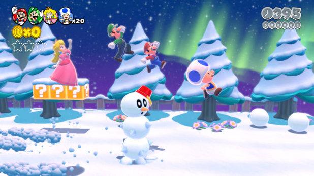 Peach, Luigi, Mario and Blue Toad in a winter wonderland
