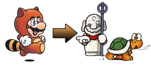 Mario using the Tanooki suit to morph into a Statue and fool a Koopa Troopa