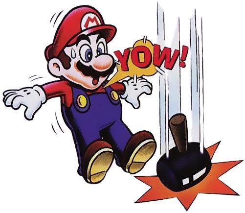 Mario has a near miss with a hammer in Helmet