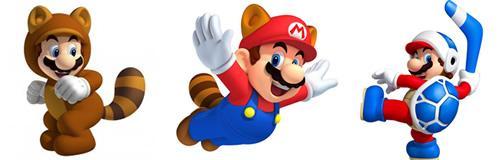 Mario Powerups in Super Mario 3D Land include Tanooki Mario, Racoon Mario and Boomerang Bro Suit Mario!