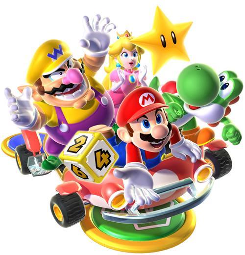 Mario, Wario, Yoshi and the Princess trying to grab a Power Star