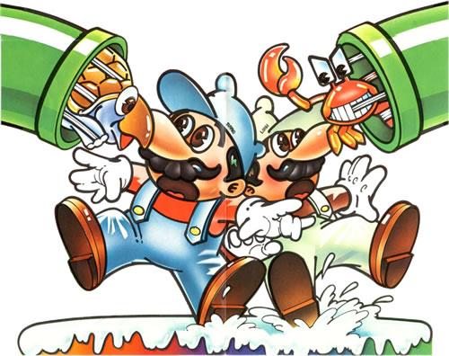 Mario and Luigi getting attacked in their retro Atari style outfits in the original Mario Bros
