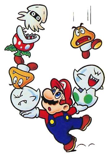 Mario juggling Bloobers, Piranha Plants, Goombas and Boo's.