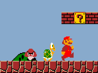 An animated GIF of Mario being chased by a Koopa Troopa and Goomba in Super Mario Bros