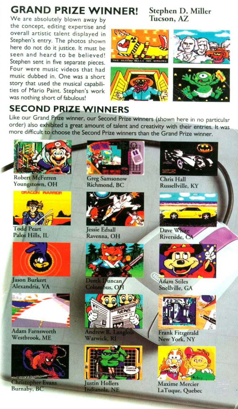 The sixteen winning entries of the Nintendo Power Mario Paint Contest
