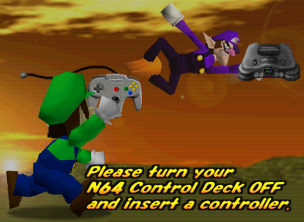Luigi chasing Waluigi who is flying away with the console
