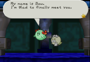 Lady Bow and Bootler welcoming Mario in Boo's Mansion