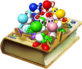 The Yoshis perched on top of the storybook
