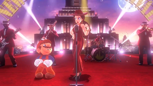 Pauline and 80s Mario in Super Mario Odyssey