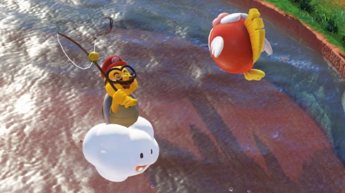 Mario fishing as Lakitu in Super Mario Odyssey
