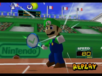 Luigi charging a shot in Mario Tennis 64
