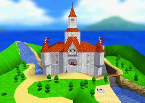 In-game screenshot of Princess Peach's castle in Super Mario 64
