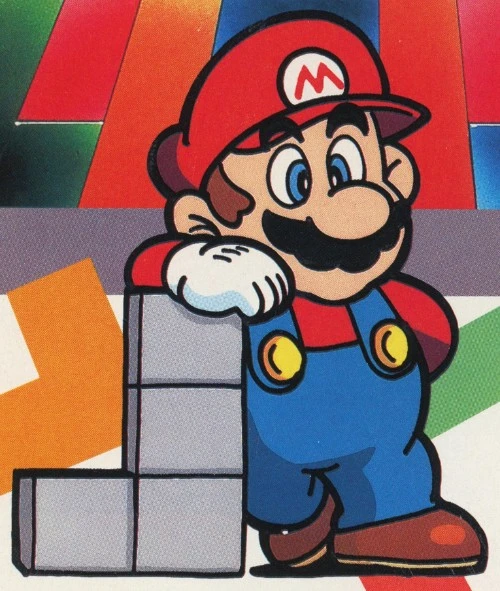 Artwork of Mario leaning on a Tetrimino