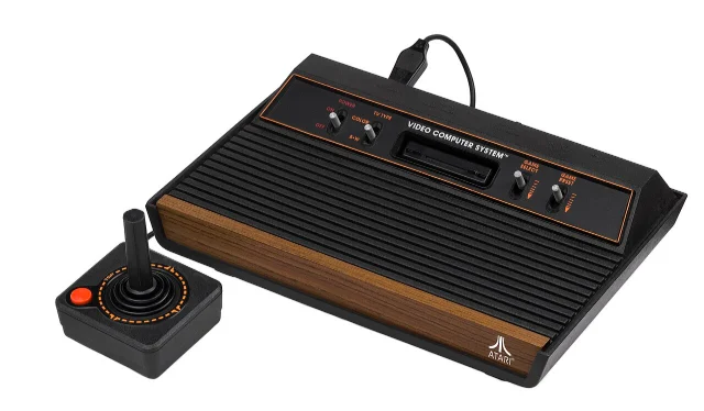 Woodgrain Atari 2600 console with joystick controller