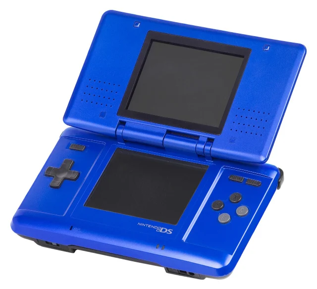 Original Nintendo DS in electric blue, opened to show both screens