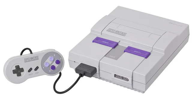 Grey and purple North American Super Nintendo console with controller
